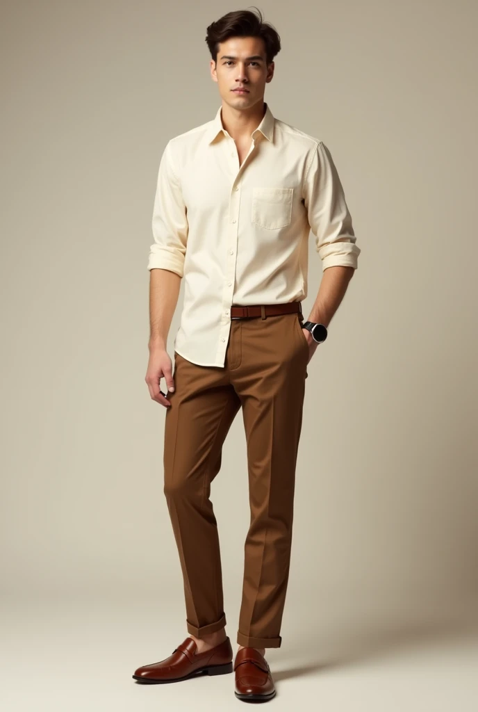 Person wearing cream colour shirt with brown chinos pant and loafer having short tucking 