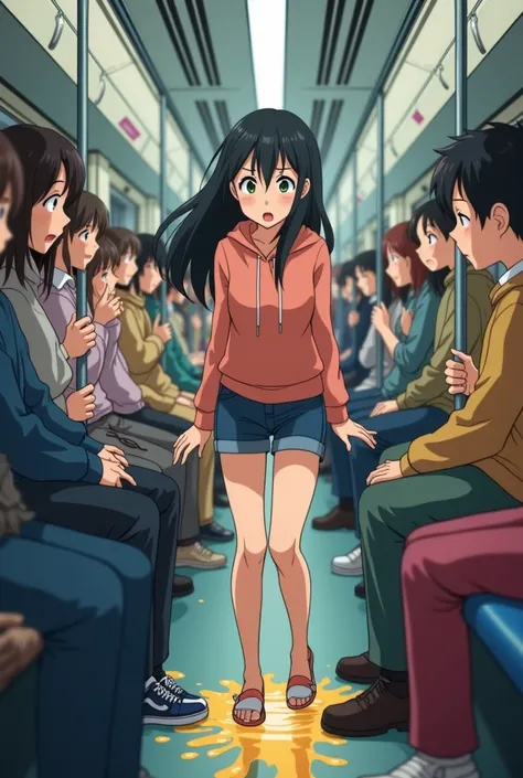 An adult girl on the subway can&#39;t hold back her urge to go to the bathroom and pees in front of everyone, anime style