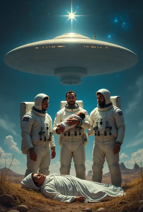 Three male astronauts, one white, one black and one Asian, similar to the three wise men, standing, one of them with a baby in her arms, behind them a starry nightscape with a huge flying saucer mother ship. In the sky the star of Bethlehem. In front of th...