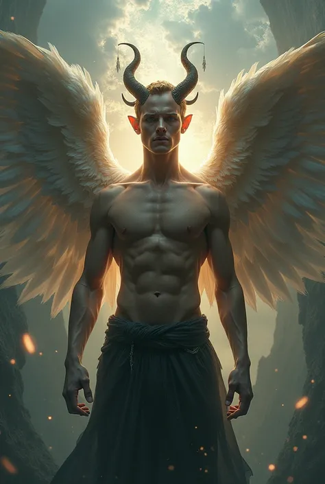 A shirtless angel who is half demon and half angel