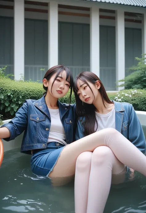 Highest quality, (Realistic: 1,2), Asian、2 girls, Brown eyes, front, Detailed face, Beautiful Eyes、Denim Jacket、Jeans Skirt、Soaking wet、rain、Sit on a chair、Bird droppings falling