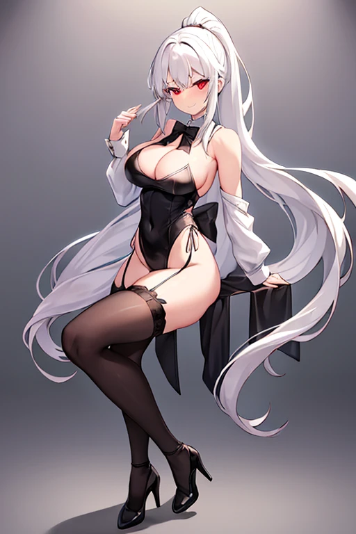 1girl, white hair, ponytail, long ponytail, long hair, large breasts, mature female, leotard, black leotard, cleavage cutout, underboob, thighhighs, black thighhighs, smile, sleeveless, red eyes, high heels, full_body, ((full body)), bowtie, standing, hour...