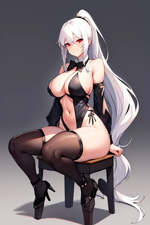 1girl, white hair, ponytail, long ponytail, long hair, large breasts, mature female, leotard, black leotard, cleavage cutout, underboob, thighhighs, black thighhighs, smile, sleeveless, red eyes, high heels, full_body, ((full body)), bowtie, standing, hour...