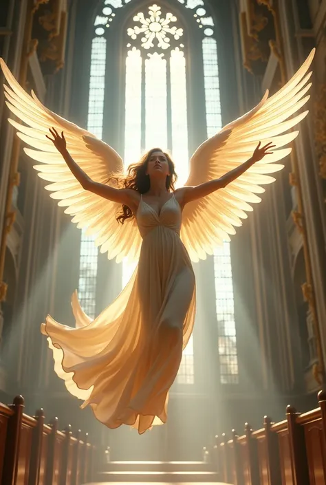 An angel woman flying, swing her wings elegantly and floating in the air, background glass window church