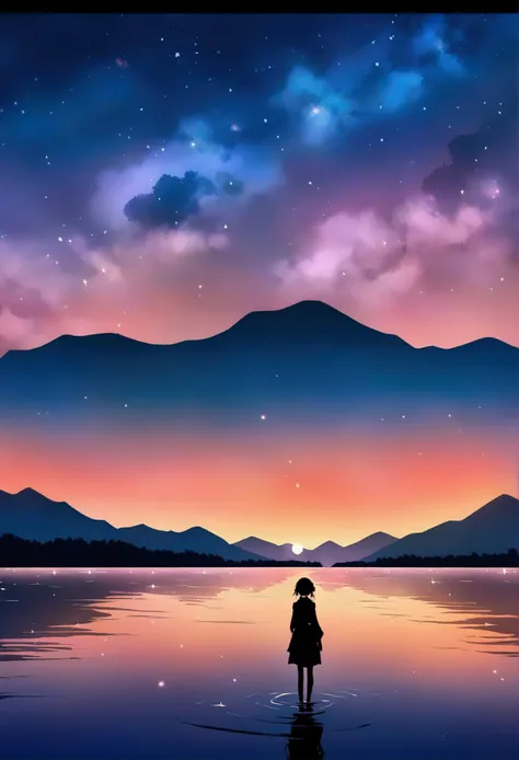 /imagine prompt: Viral anime nature wallpaper in 4K quality, in the style of photography with a 35mm lens inspired by Makoto Shinkai, capturing a breathtaking sunset over a tranquil lake, the sky painted in hues of orange and pink, with a silhouette of mou...