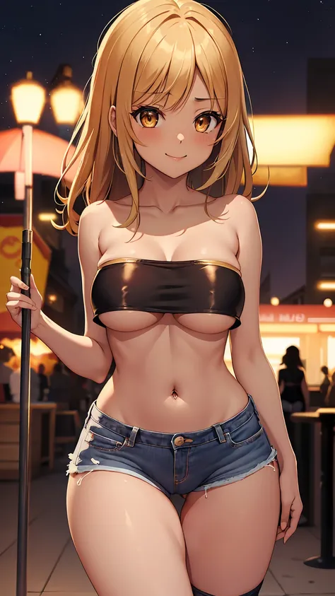 1girl, anime girl, anime, (dark skin), 2d girl, 16y, (fullbody), standing, anime girl, golden eyes, seductive smile, (golden hair), (((mini tube top,strapless,black))) exposed navel, (((underboob view))), Solo, Slim, large breasts, big Breasts, Tight Short...