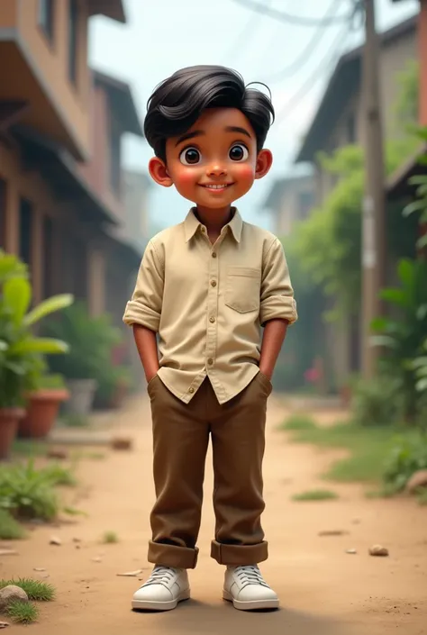 Nepali boy wearing cream colour shirt with brown colour pant and white sneaker 