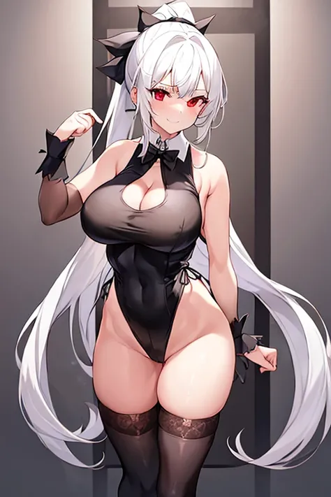 1girl, white hair, ponytail, long ponytail, long hair, large breasts, mature female, leotard, black leotard, cleavage cutout, underboob, thighhighs, black thighhighs, smile, sleeveless, red eyes, high heels, full_body, ((full body)), bowtie, standing, hour...