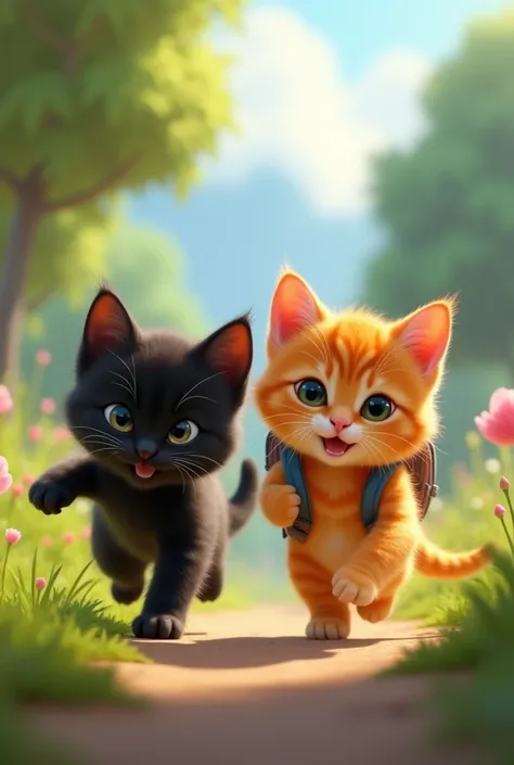 Black kitten playing with orange kitten with backpack walking away magic of Pixar animation