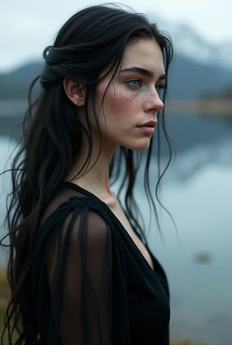 hyper detailed, A woman, Long black hair, white skin full of freckles on the cheeks and nose and scattered throughout his body, eyes with heterochromia, one purple eye and the other pale blue, casual clothes. half body. woman of back, with an elegant fitte...