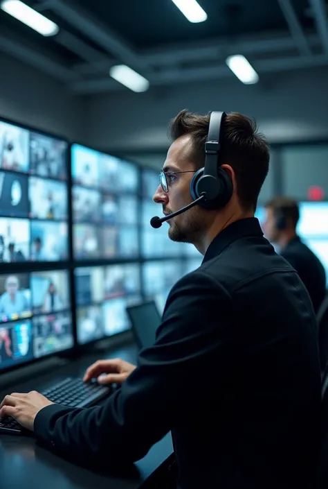 Image of a 24-hour security monitoring center in operation with an operator wearing a headset on call. Photo with almost side view in good lighting, black uniform