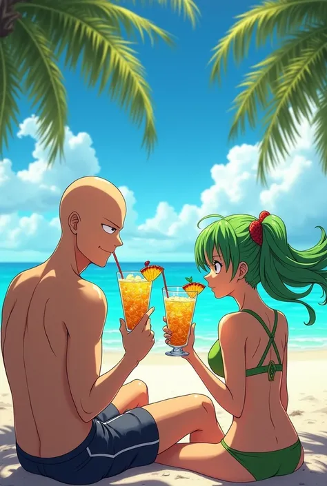 saitama one punch man drinking pineapple cocktail with tatsumaki , ultra realistic, in bahamas beach, funny background