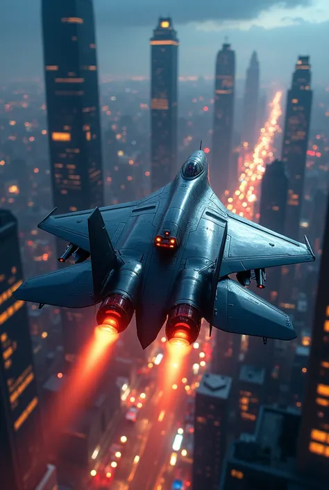 (best quality,ultra-detailed,realistic),fighter jet, flying over a city, at night, with vibrant city lights, atmospheric mood, cityscape, tall skyscrapers, glowing windows, illuminated streets, bustling traffic, dynamic motion blur, powerful engine exhaust...