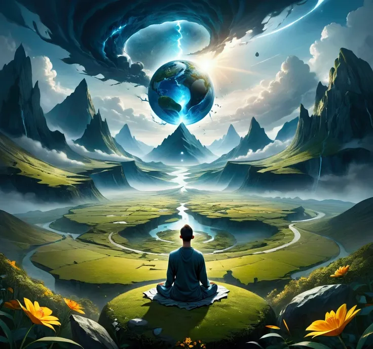 Person meditating. Loose Clothes. beautiful landscape of a chaotic world. surreal world. Feeling of immensity. Symbols of nature. strong and vibrant colors. cinematic lighting.