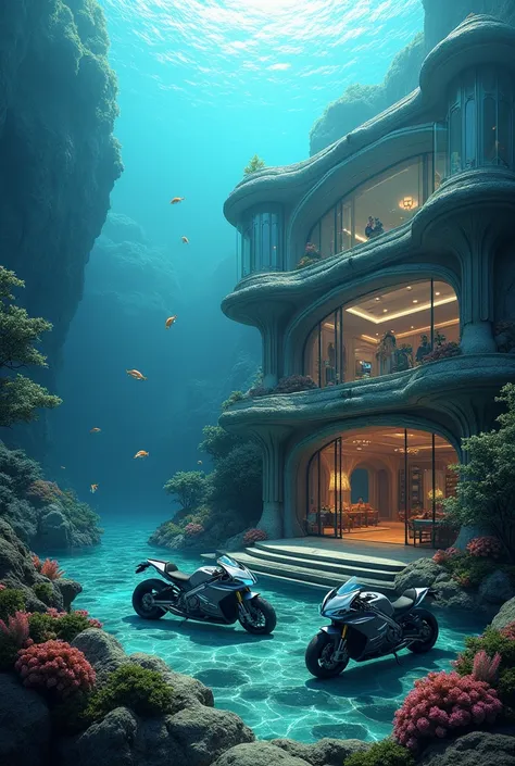 big underwater luxury house in ocean with so many superbike parked outside