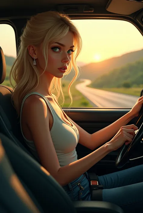 Tall skinny blonde green eyes driving 

