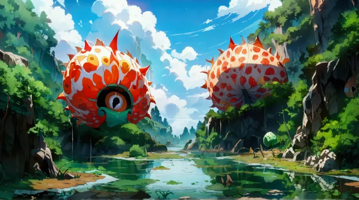 Green Devil Fruit with pointed shell, swamp background, one piece universe, ((Object-focused anime design)), ((Stunning lighting)), ((Fine lines)), ((Stunning focus)), ((Detailed focus)), ((Ultra-fine 2D design)), ((2D masterpiece)), ((Best quality)), ((8K...