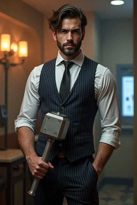 Crie o Spy, a young time lord, appearance of 25 years +-, he has beard, and a little longer hair , wears a striped dress vest and dress pants, black necktie, and has the mjonir in his hands, on Deadpool&#39;s side 