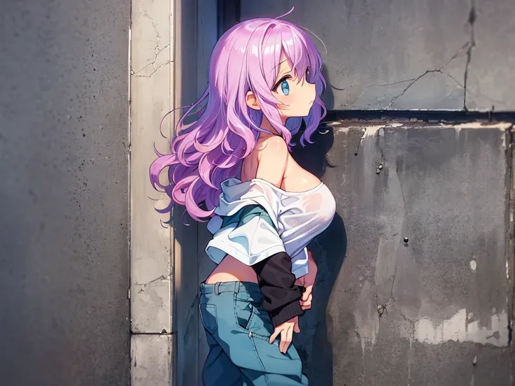 pastel-colored illustration,((from side,profile)),((loli,toddler,wavy hair,fair skin,shiny skin)),BREAK((t shirt,loose pants,jacket off shoulder,sneaker,large breast)),standing against the wall,arms down,in the street,heavy rain