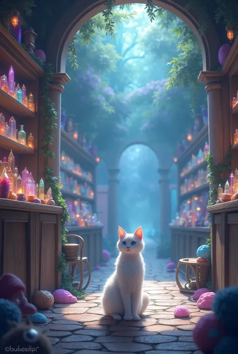 esoteric store, with mystical products, with a white cat with short fur and blue eyes, with crystals, and witches and gnomes