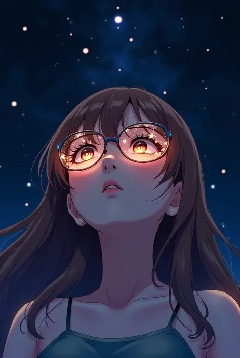 anime girl brown long hair woman is wearing glass sunglasses with stars and the moon on the glass, looking at the stars