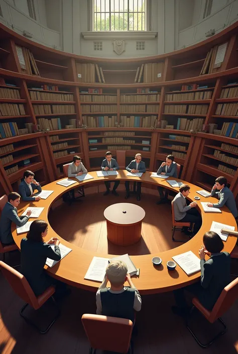 Circular study rooms with people studying. The walls are curved 
