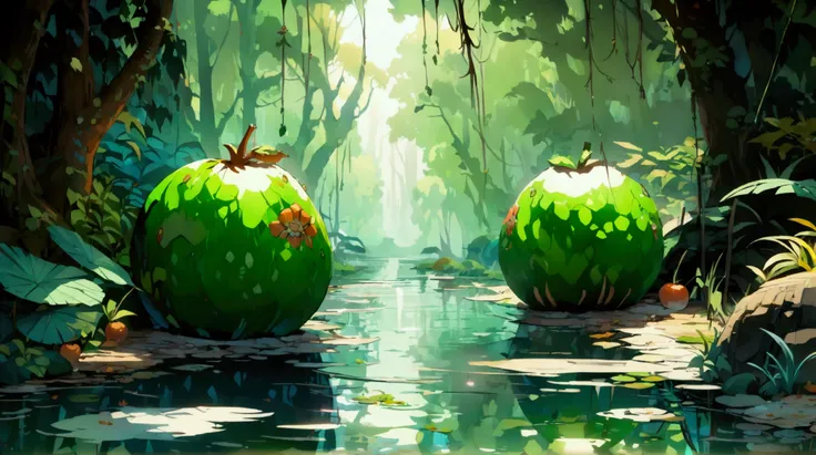 Fruit, appearance based on one piece, green with pointed skin, swamp background, one piece universe, ((Object-focused anime design)), ((Stunning lighting)), ((Fine lines)), ((Stunning focus)), ((Detailed focus)), ((Ultra-fine 2D design)), ((2D masterpiece)...