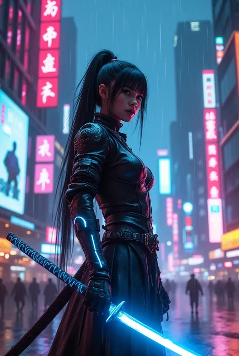 A strikingly beautiful, modern-day female samurai stands in the heart of a sprawling, neon-drenched cyberpunk city. Her intense gaze reflects determination as she holds a (((neon-lit katana sword:2))), its glowing edge crackling with raw electric energy. S...