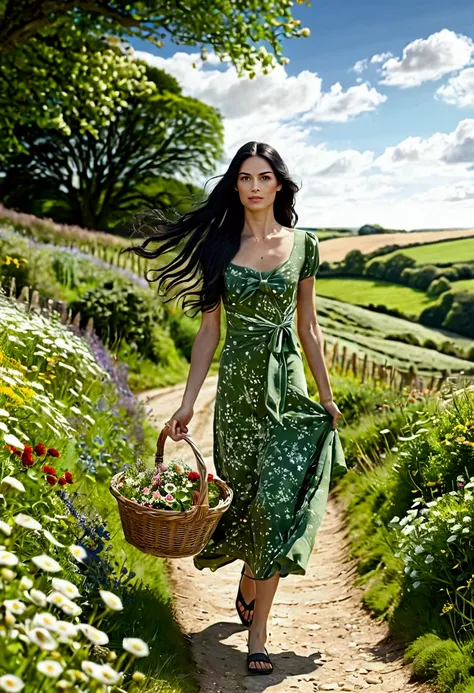 A hyper-realistic photograph of a very beautiful and slender woman with long black hair, neatly tied back. She is walking along a picturesque path in the English countryside, holding a basket of flowers in her right hand. The woman is dressed in a simple y...