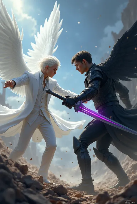 Create two young men fighting to the death while everything around them is destroyed, only one is dressed in white like an angel and the other has black armor and a serious face and a sword with purple stripes., The bad guy is the one in the white suit and...