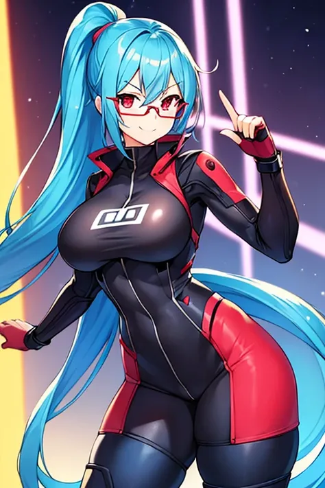 1girl, blue hair, long hair, ponytail, long ponytail, red eyes, glasses, red glasses, bodysuit, black bodysuit, smile, large breasts, thick thighs, futurístic, tech, science-fiction, machinery, toned, hourglass figure, mature female, neon trim, neon lights...