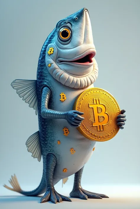 A sardine with bitcoin in hand and on his clothes saying p2p