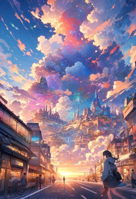 Create exquisite illustrations reminiscent of Makoto Shinkais style, It has ultra-fine details and top-notch quality. angelic, detailed woman who is walking, woman wearing hoodie,  highest billding in city, road, sunrise, horizon, skyline, in the sky, city...