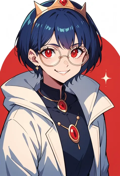 Mistoon Anime, Kizi, short hair in vibrant red color, bangss, highy detailed, Caucasian skin, giving a smile, round glasses, tiara therefore, dark red eyes, black farmer&#39;s clothes
