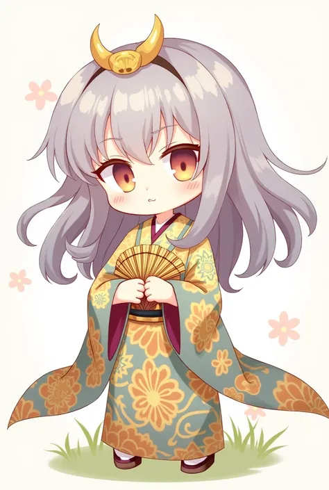 Boy with long hair in a kimono with golden head accessory holding a fan and is smirking Chibi