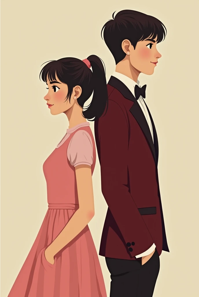 A girl in a short pink dress with a ducktail, 16 years old, and a boy in a burgundy tuxedo, , standing back to back.