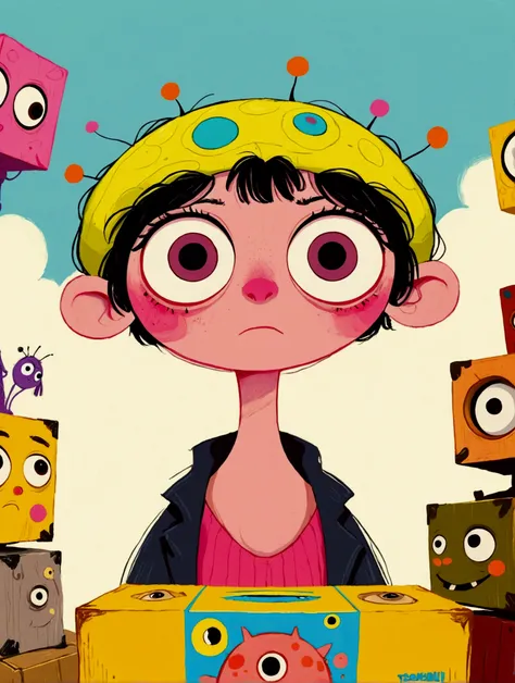 cartoon of a man with a big eye looking over a yellow box, film still from an cartoon, aardman character design, animated film still, animation film still, portrait of a cute monster, inspired by Tomi Ungerer, by Yi Inmun, animation character, big pink eye...