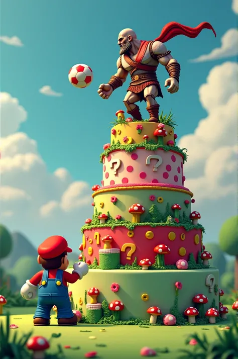 Mario bros cake with Kratos playing soccer
