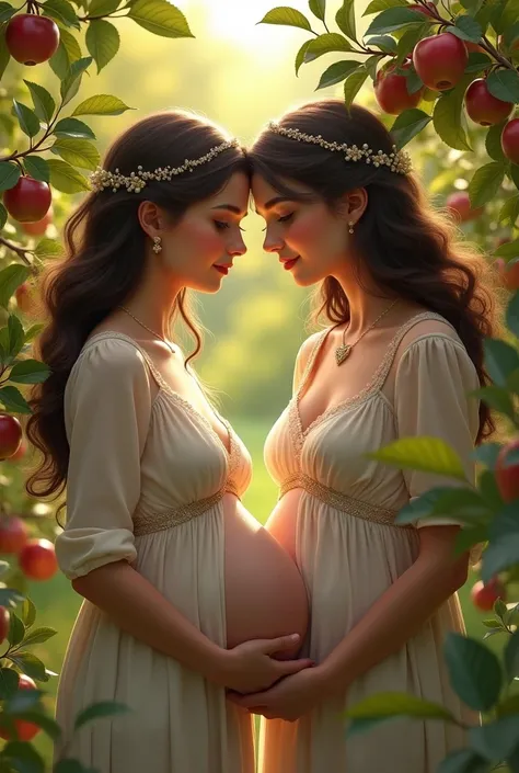 A 2 woman with white skin, very long dark brown hair with blond highlights, green eyes, a rounded face, a rounded nose, 3 months pregnant, well dressed, with a heart necklace and beautiful curls, picking apples in a garden in a castle in Italy 