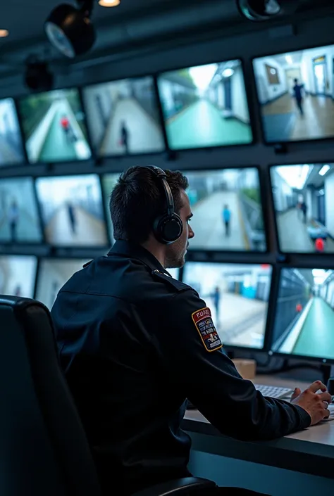 Image of a 24-hour CCTV security monitoring center in operation with an operator wearing a headset on call. Photo with diagonal view in good lighting, black security uniform 