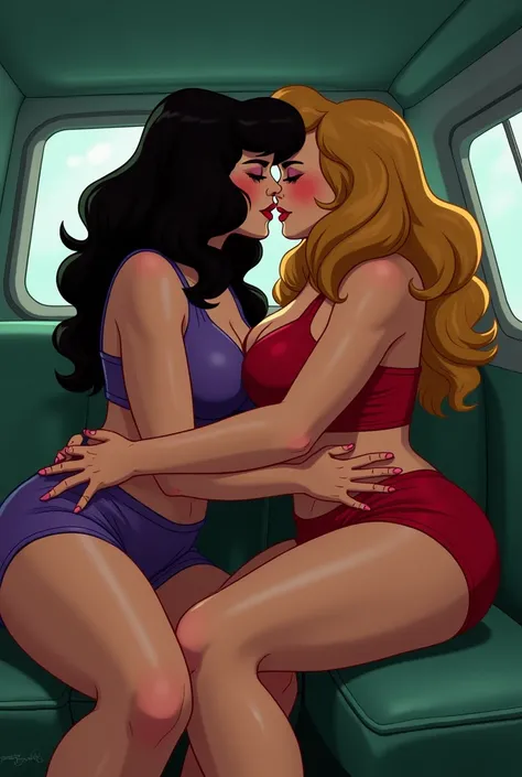 Adult naughty curvy plump Velma and Daphne in the back of the Mystery Machine with their hands up each others skirts