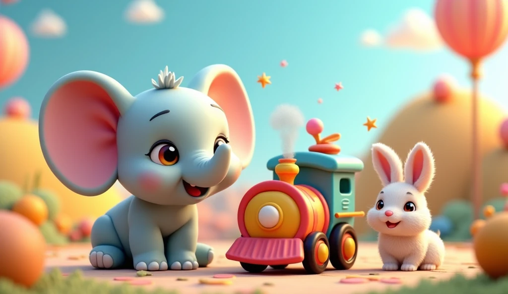 Create a colourful creative 3D image of a cute little elephant, a cute little rabbit and a talking train for kids