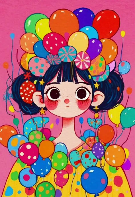 cartoon of a woman with a bunch of balloons on her head, colorful illustration, by Yanagawa Nobusada, by Yi Inmun, mind character, colorful! character design, colorfull illustration, by Yuko Tatsushima, by rainer hosch, funny illustration, fabulous illustr...