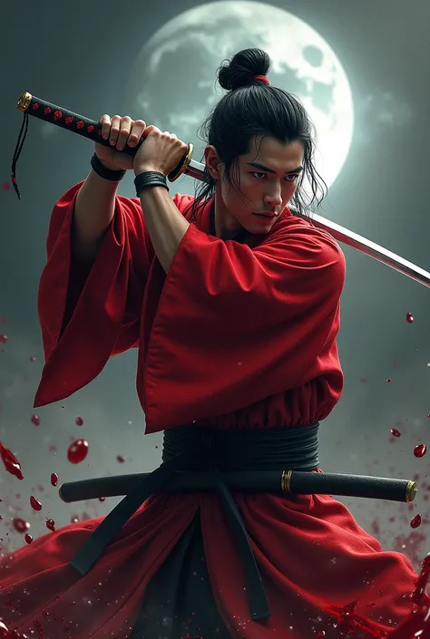 A handsome man using a red katana with moon and blood effects and red kimono cutting the neck of a demon 