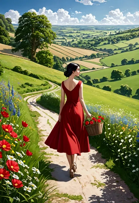 A hyper-realistic photograph of a very beautiful and slender woman with long black hair, neatly tied back. She is walking along a picturesque path in the English countryside, holding a basket of flowers in her right hand. The woman is dressed in a simple y...