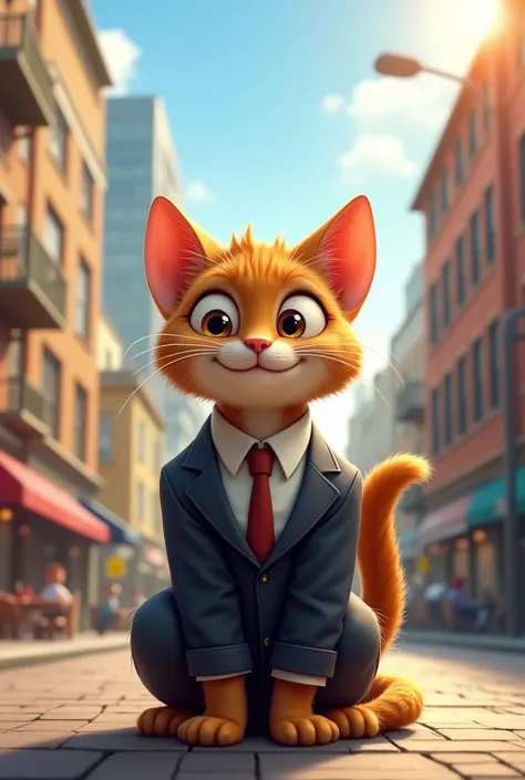 cat in a suit enjoying a beautiful sunny day in the city with a smile on its face

