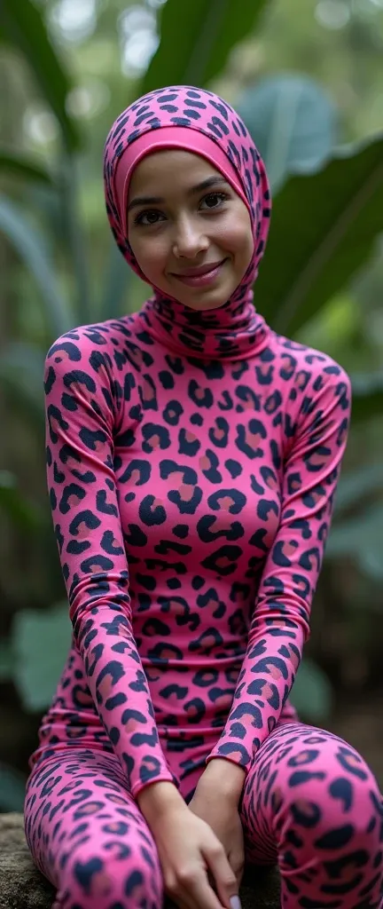 a beautiful and slender thin flexible asian muslimah girl wears pink+purple leopard lycra turtleneck unitard catsuit.She always wear pink+purple leopard lycra dancewear hijab covered with spots.She is sitting on the chair at jungle.