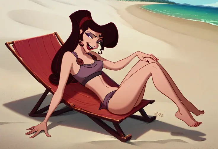 NSFW (nude, Megara, thirty years old, sparse pubic hair), full body, on a deserted tropical beach