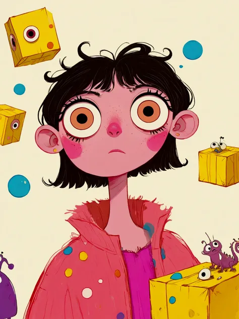 cartoon of a man with a big eye looking over a yellow box, film still from an cartoon, aardman character design, animated film still, animation film still, portrait of a cute monster, inspired by Tomi Ungerer, by Yi Inmun, animation character, big pink eye...