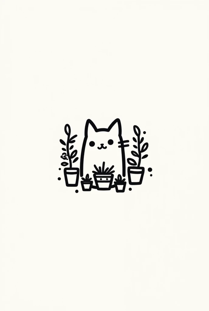 A logo of a cat and anime-style plants and the entire logo is black and white with little pots around it 